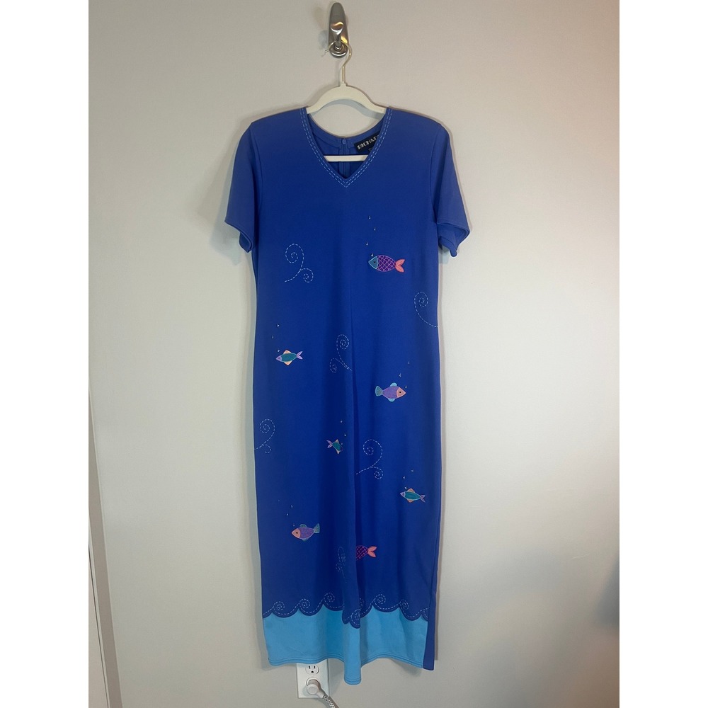 Richard Vintage Blue Cotton Fish Embroidered Beaded Maxi Dress Womens Medium